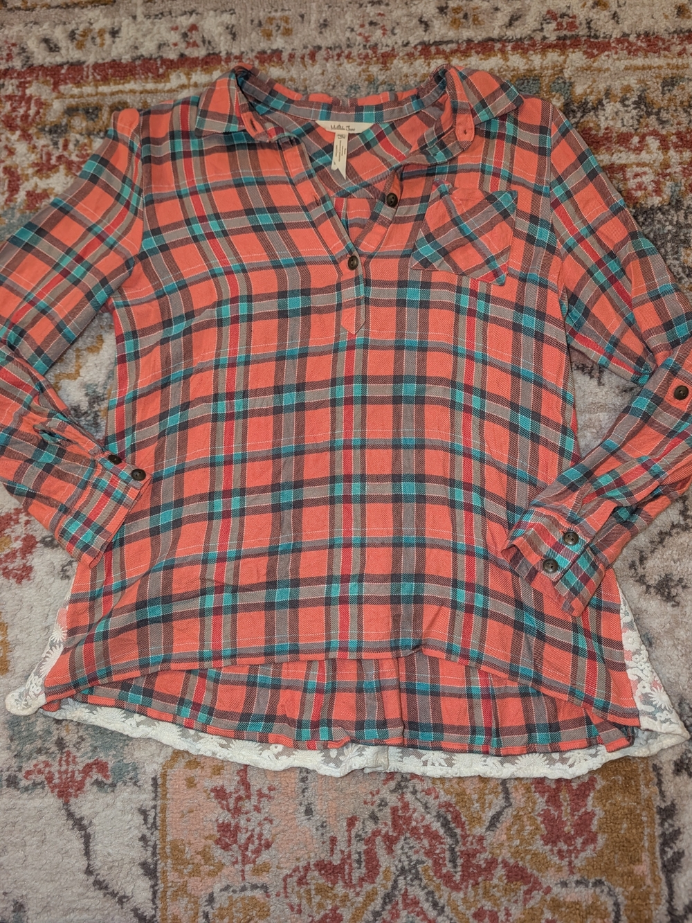 Matilda Jane Womens M Coral Plaid Long Sleeve Flannel Top Casual Lace